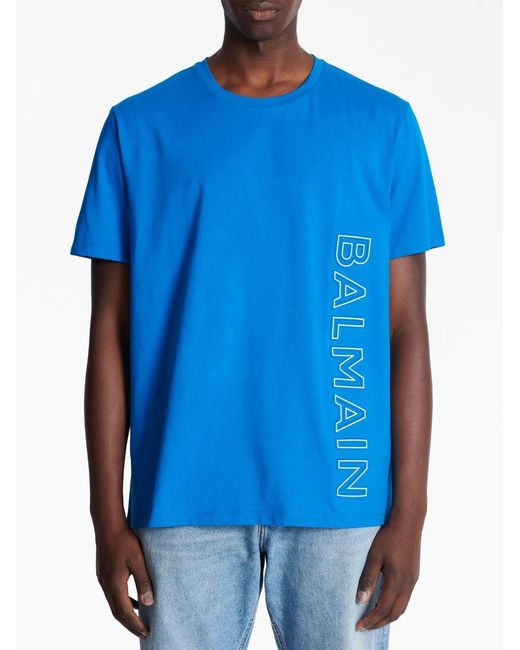 Balmain Blue Logo-Print Short-Sleeved Cotton T-Shirt for men