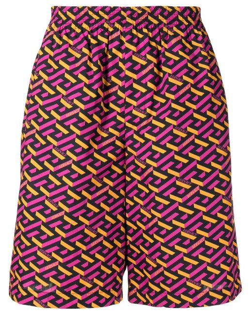 Versace Red Le Greca Print Elasticated-Waist Shorts for men