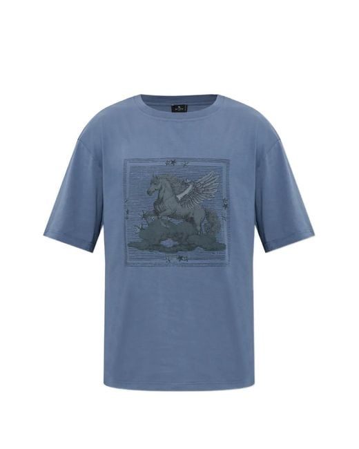 Etro Blue Pegasus-Print T-Shirt for men