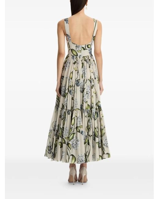 Oscar de la Renta White Porcelain Flowers Pleated Cotton-Voile Midi Dress