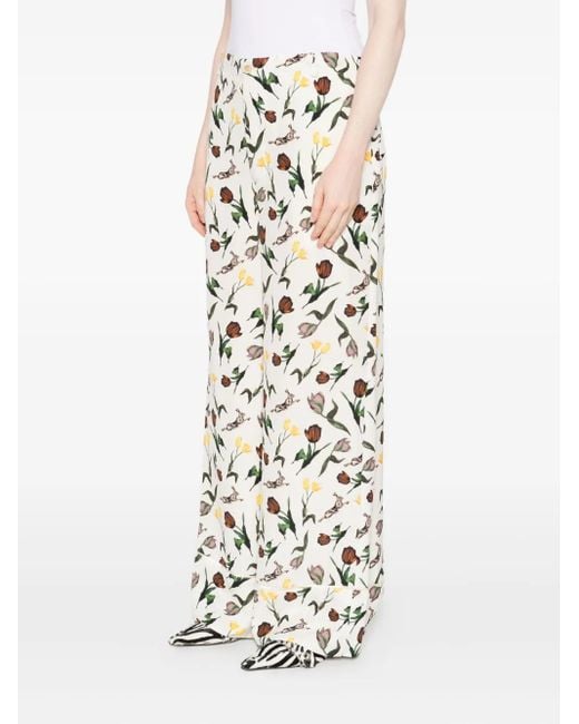Marni White Tulips-Hares-Print Trousers