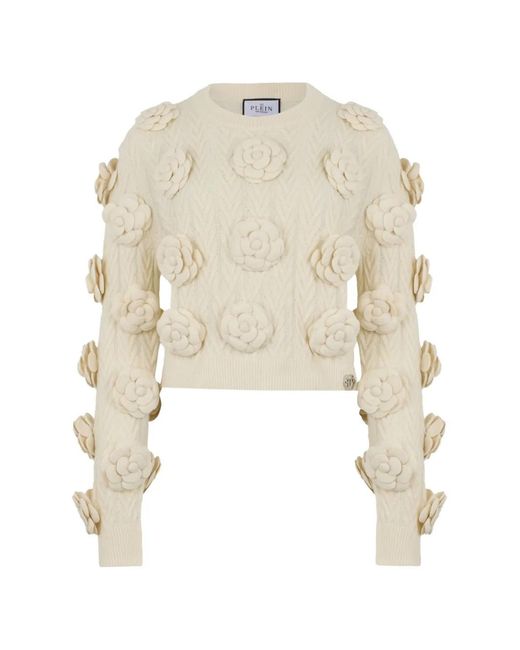 Philipp Plein White Round-Neck Pullover Roses