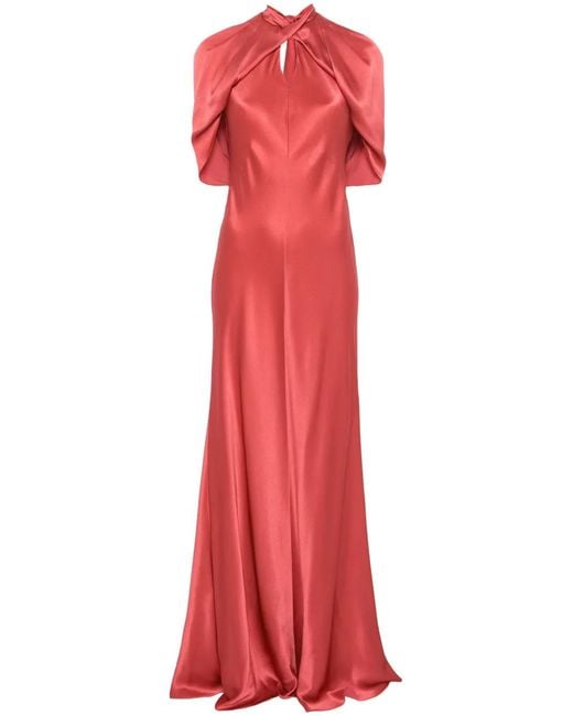 Alberta Ferretti Red Coral Satin Evening Dress With Cut-Out Detail