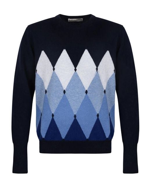 Ballantyne Blue Diamond-Pattern Crew-Neck Sweater for men