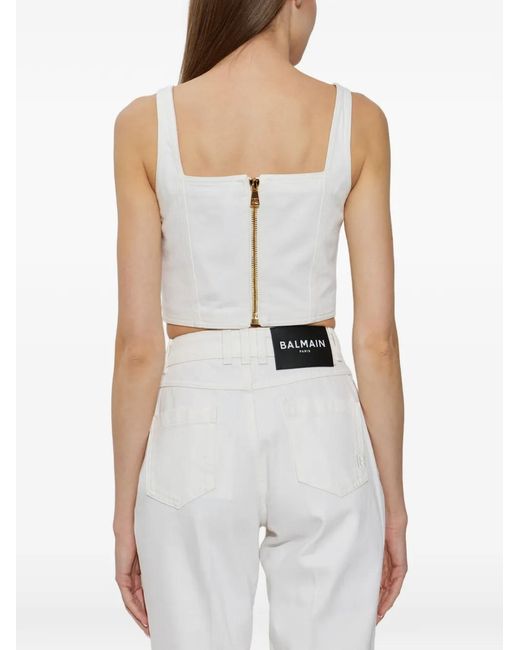 Balmain White Button Square-neck Top