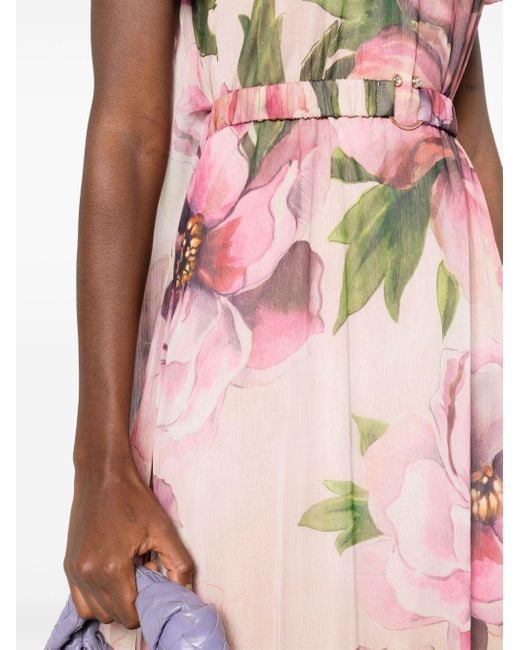 Nissa Pink Floral-print Belted Midi Dress