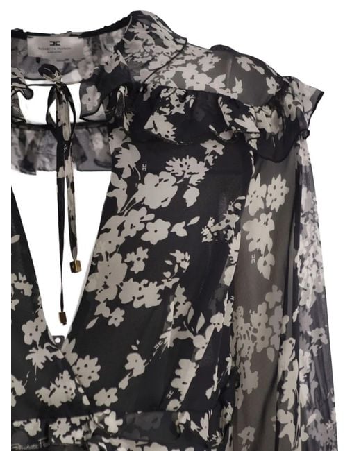 Elisabetta Franchi Black Printed Silk Voile Dress With Ruffles