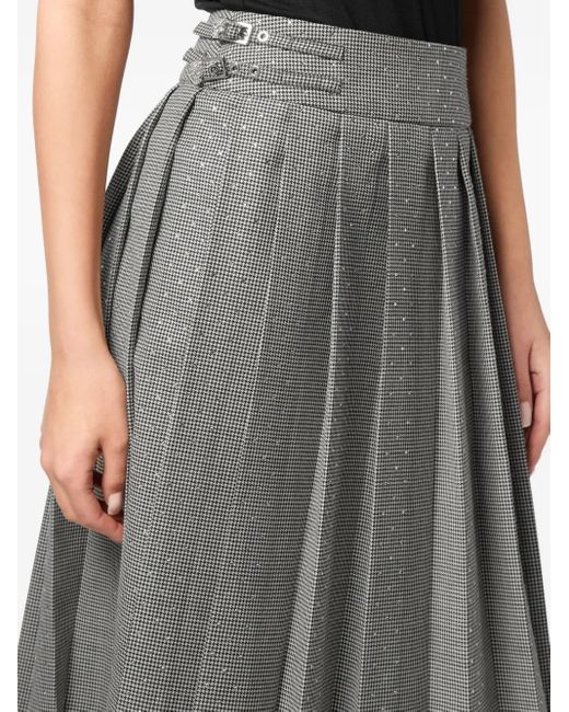 Philipp Plein Gray Houndstooth Pleated Midi Skirt