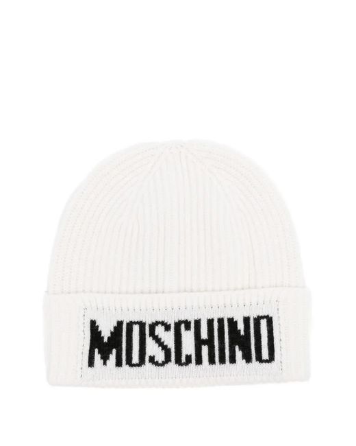 Moschino White Logo-Embroidered Ribbed Beanie