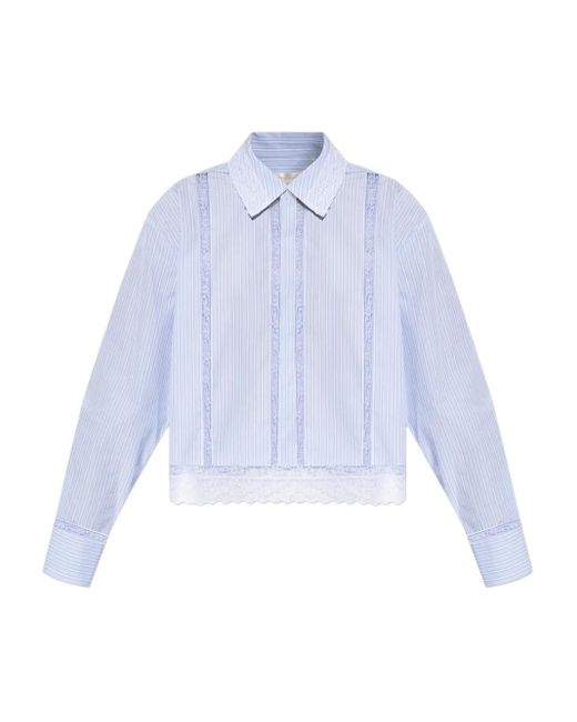 LoveShackFancy Blue Delano Lace-Trimmed Striped Shirt