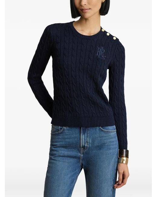 Ralph Lauren Blue Button-Trim Cable-Knit Sweater