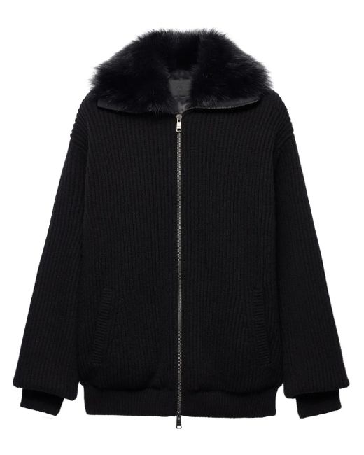 Prada Black Faux-Fur Collar Cardigan for men
