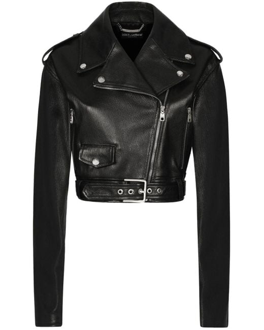 Veste de moto en cuir à coupe crop Dolce & Gabbana en coloris Black
