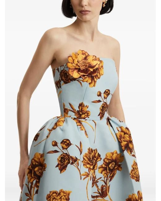 Oscar de la Renta White Schulterfreies Abendkleid Mit Blumen-Print