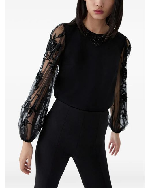 Carolina Herrera Black Embroidered Puff-Sleeve Top