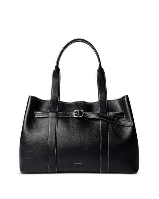 Calvin Klein Black Contrast-Stitch Buckle-Detail Shoulder Bag