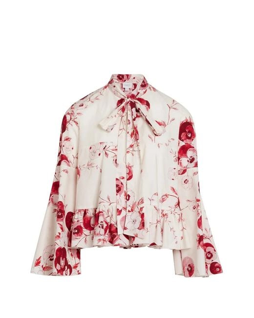 Giambattista Valli Red Bow-Detail Floral-Print Blouse
