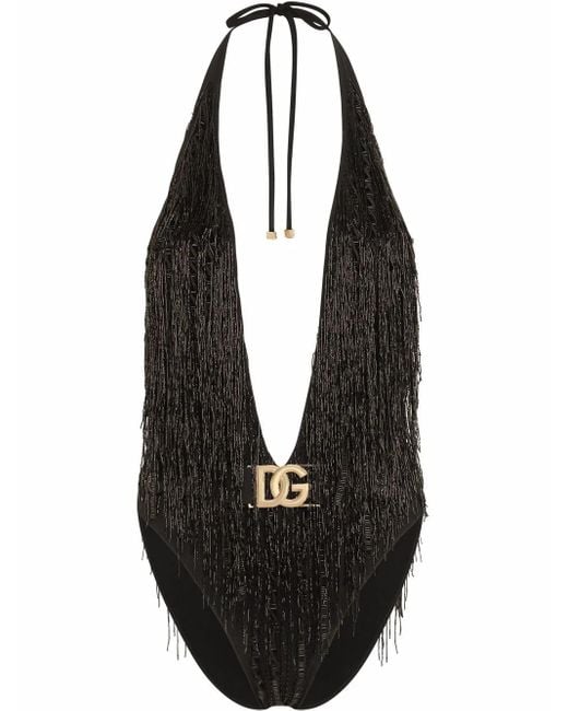 Dolce & Gabbana Black Logo-Tag Fringed Swimsuit