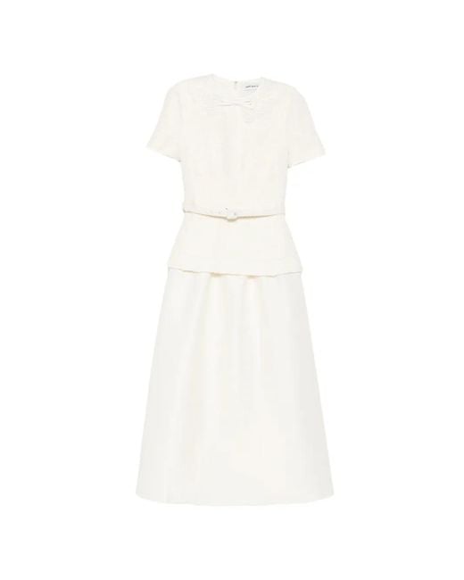 Self-Portrait White Bouclé-Knit Belted Midi Dress