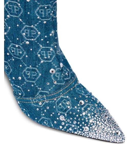 Philipp Plein Denim Laarzen Met Stras En Monogram in het Blue