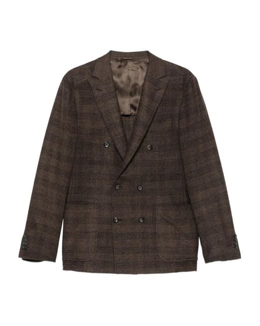 Canali Brown Double-Breasted Checked Blazer for men