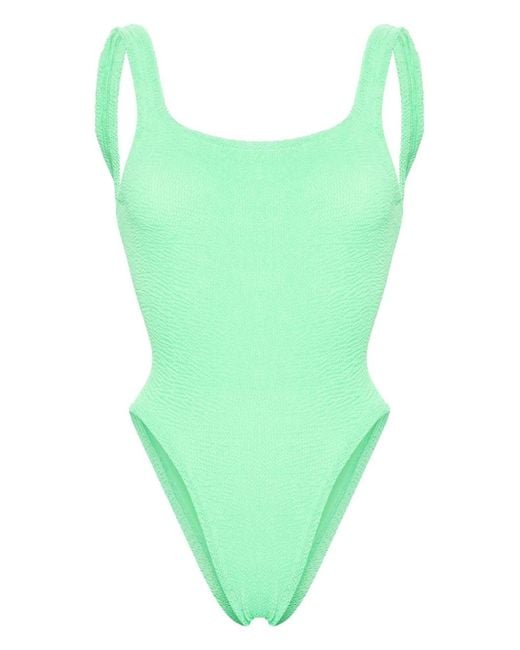 Hunza G Green Crinkle-Effect Square-Neck Swimsuit