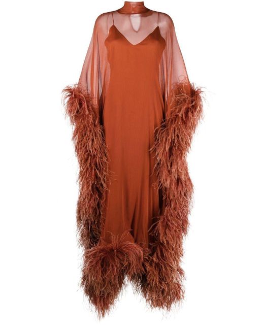 ‎Taller Marmo Casta Diva Spirito Feather-trim Dress in Brown (Orange ...