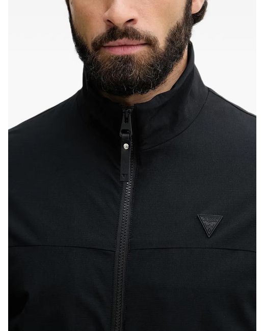 Guess Black Logo-Patch Zip-Up Jacket for men