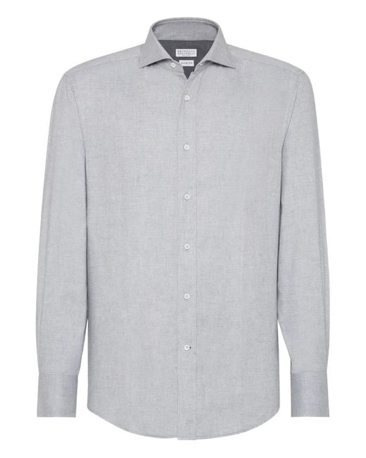 Brunello Cucinelli White Cotton-Blend Chevron Flannel Shirt for men