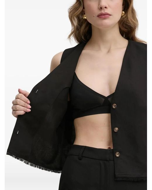 IVY & OAK Black Button-Front Fringed Top