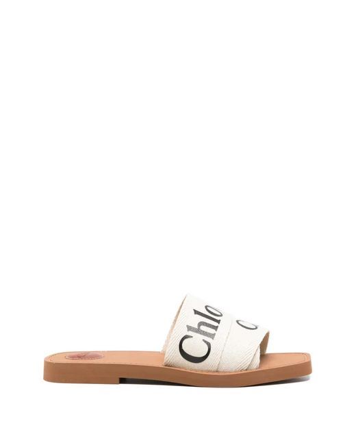 Chloé White Woody Logo-Print Sandals
