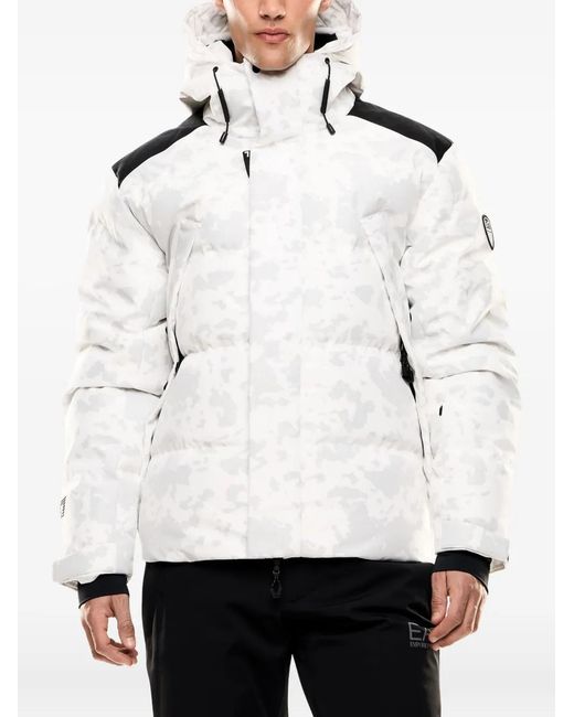 EA7 White Camouflage-Print Hooded Down Jacket for men
