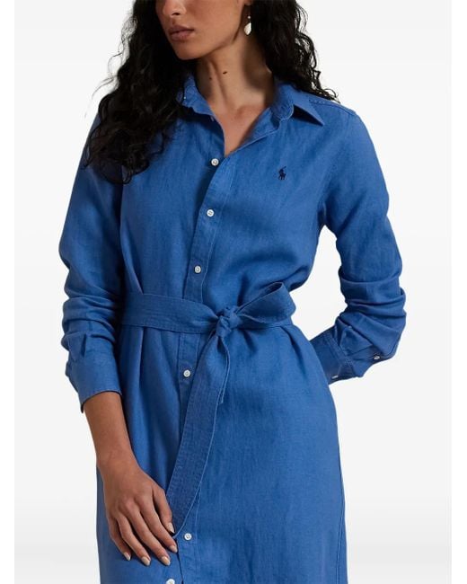 Polo Ralph Lauren Blue Button-Down Linen Dress With Self-Tie Waist And Classic Collar