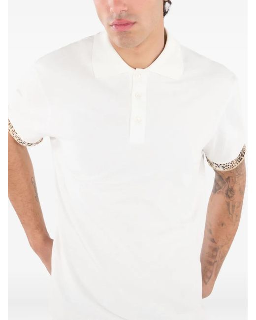 Roberto Cavalli White Leopard-Print Cuff Polo Shirt for men