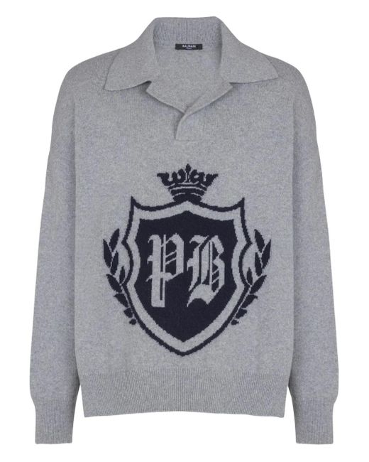 Balmain Gray Emblem Sweater for men