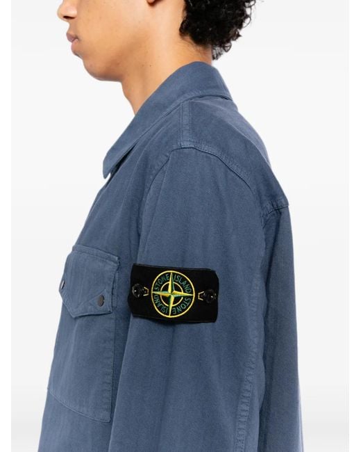 Stone Island Blue Compass-Patch Herringbone Shirt for men