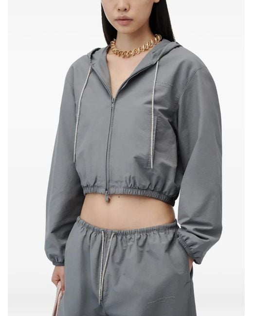 Alexander Wang Gray Crystal Hotfix Drawcord Shrunken Hoodie Jacket