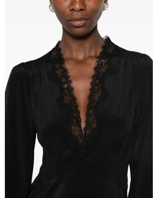 Rixo Black Lace-Trim Long-Sleeve Dress