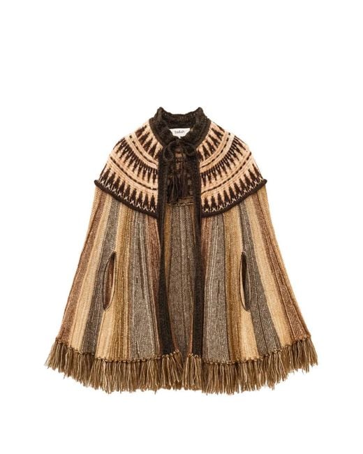 Ba&sh Brown Dish Intarsia-Knit Fringed Cape