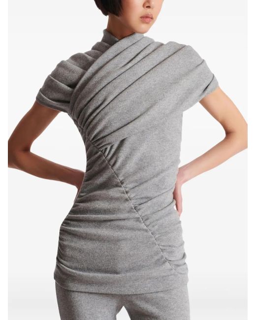 Balmain Gray Draped Short-Sleeve Knit Top