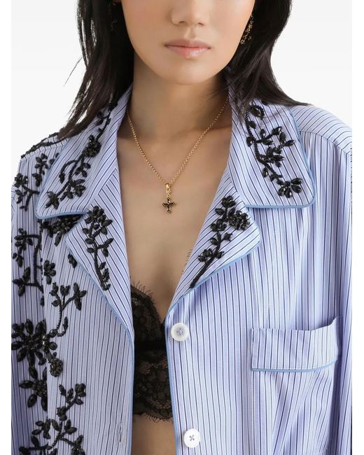 Dolce & Gabbana Blue Cotton Vanity Shirt With Flowers Embroidery