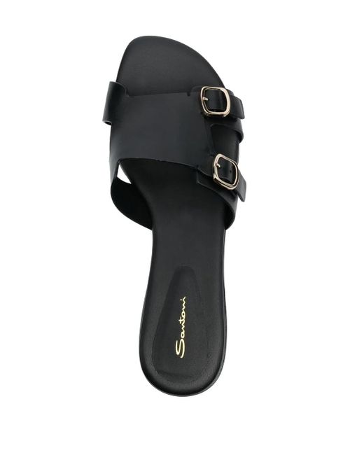 Santoni Black Double-Strap Flat Leather Sandals