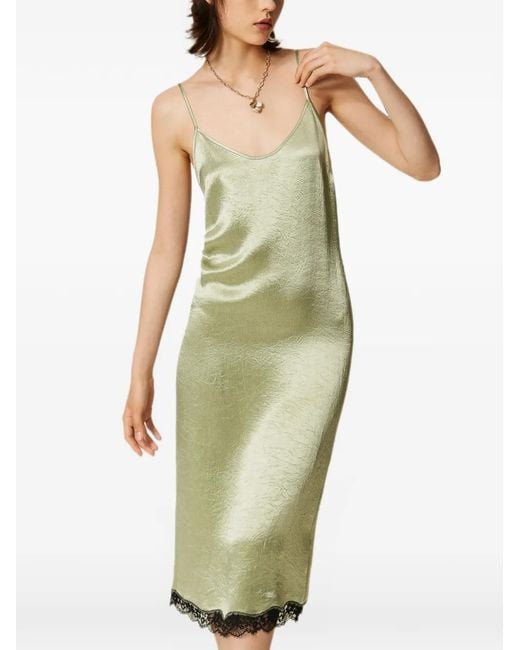 Twinset Green Midi Froissé Satin And Lace Dress