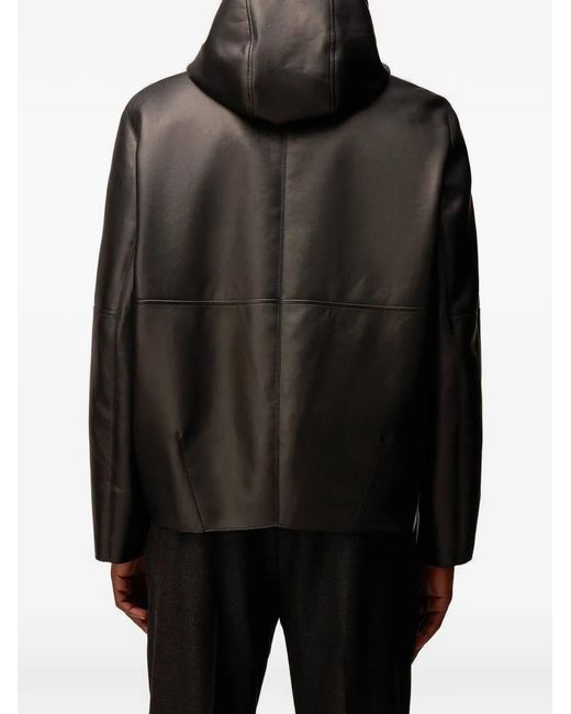 RETORI Black Hooded Leather Jacket for men
