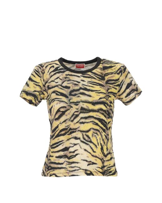 KENZO Yellow Tiger-Print Crew-Neck T-Shirt
