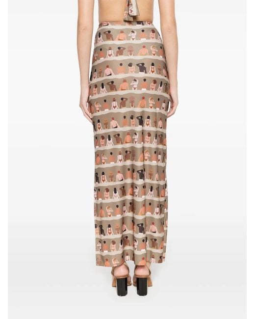 Amir Slama Natural Swimmer-Print Cut-Out Maxi Skirt