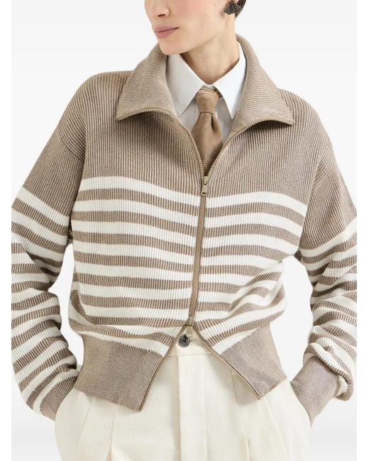 Brunello Cucinelli White Sparkling Cotton Striped English Rib Cardigan With Zipper And Monili