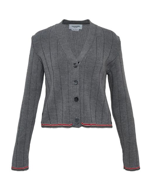 Thom Browne Blue Ribbed-Knit V-Neck Cardigan