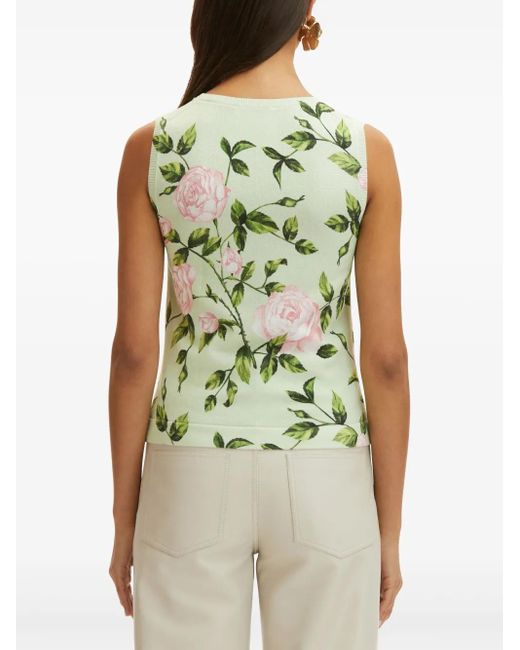 Oscar de la Renta Green Rose-Print Top