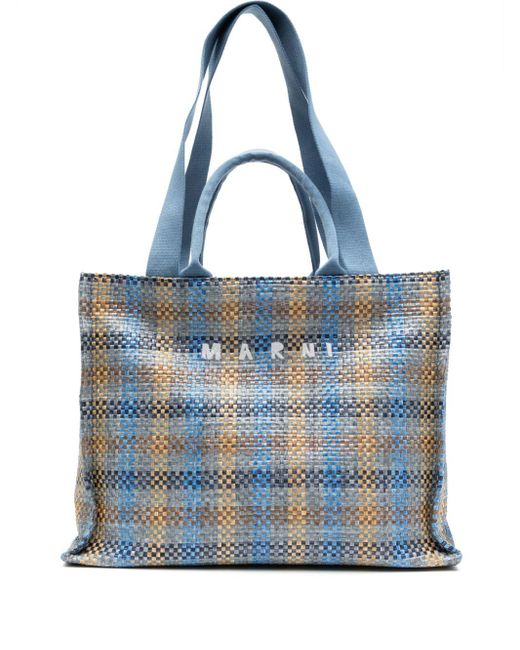 Marni Blue Logo-embroideredc checkered shopping bag